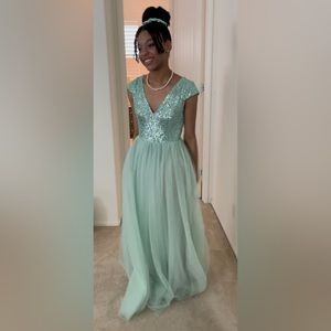 Maniju sage green sequin tulle gown